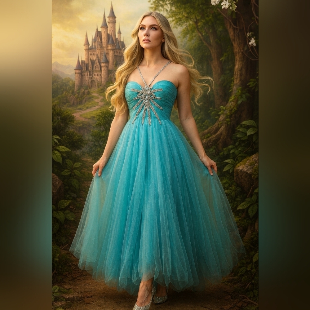 Karma Turquoise Prom Dress with Silver Accents. Size 8